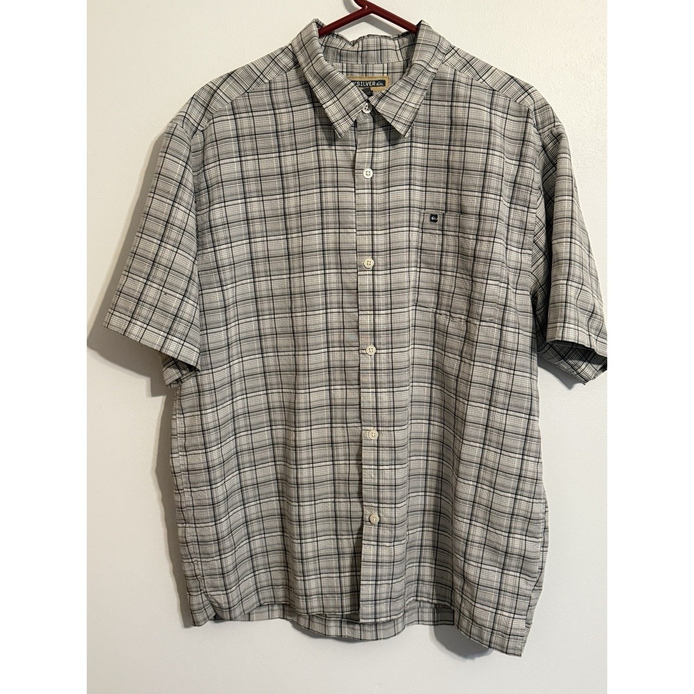 Quiksilver Plaid Gray Black White Woven Short Sleeve Button-Up Shirt L